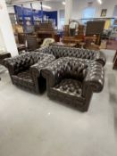 20th cent. Leather Chesterfield and matching pair of armchairs on bun feet. Settee length 80ins.