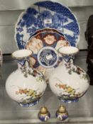 Early 20th cent. Oriental Porcelain: Imari plates a pair, long neck bulbous vase decorated with