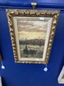 English School: 19th cent. Oil on board, Thames barges on the river at twilight, unsigned, framed.