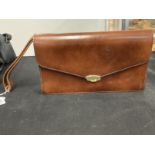 Fashion Handbags: Brown leather handbag, wrist strap, suede style lining with credit card case,