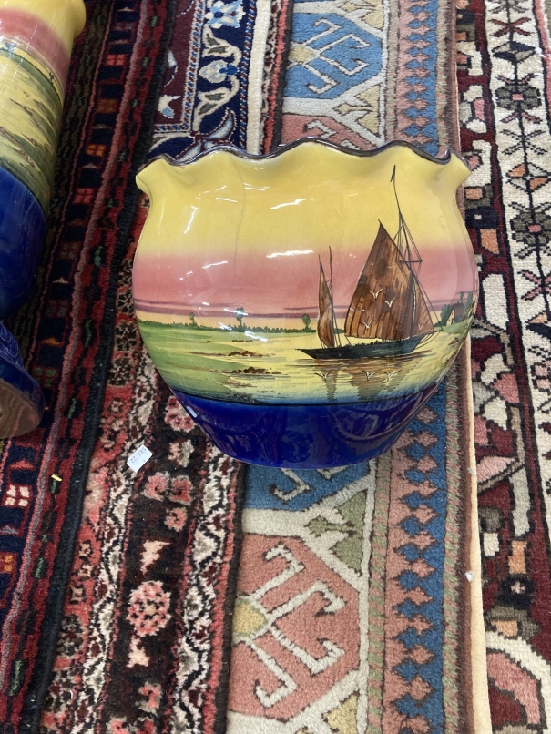 Pottery: Watcombe ware jardiniere and stand decorated with a coastal seascape with sailing boats. - Image 2 of 2