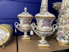 20th cent. German Dresden porcelain potpourri vases with bolted bases, fanciful handles, decorated