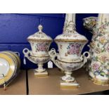 20th cent. German Dresden porcelain potpourri vases with bolted bases, fanciful handles, decorated