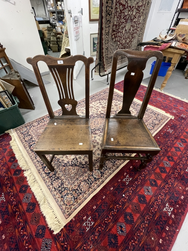 18th cent. Oak single side chairs one with pierced splat solid seat, square legs and cross