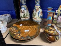 Pottery: Collection of Torquay and Watcombe to include ewers, candlesticks and chargers. (7)
