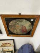 19th cent. Silk woolwork of Rebecca at the Well, in burr maple frame. 14ins. x 19ins.