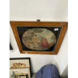 19th cent. Silk woolwork of Rebecca at the Well, in burr maple frame. 14ins. x 19ins.