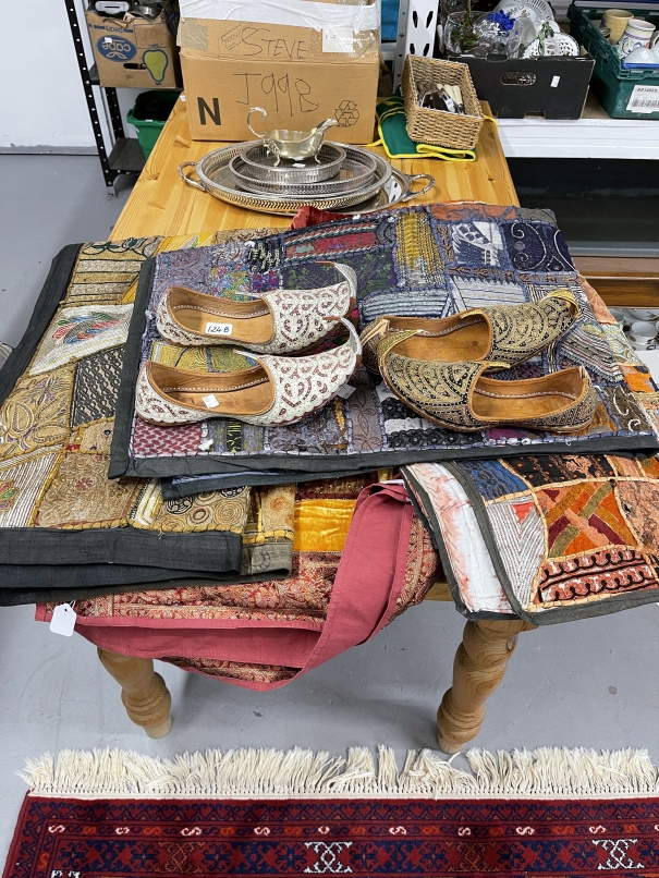 20th cent. Indian bedspread 104ins. x 168ins, Indian patchwork wall hangings x 3, Turkish shoes x