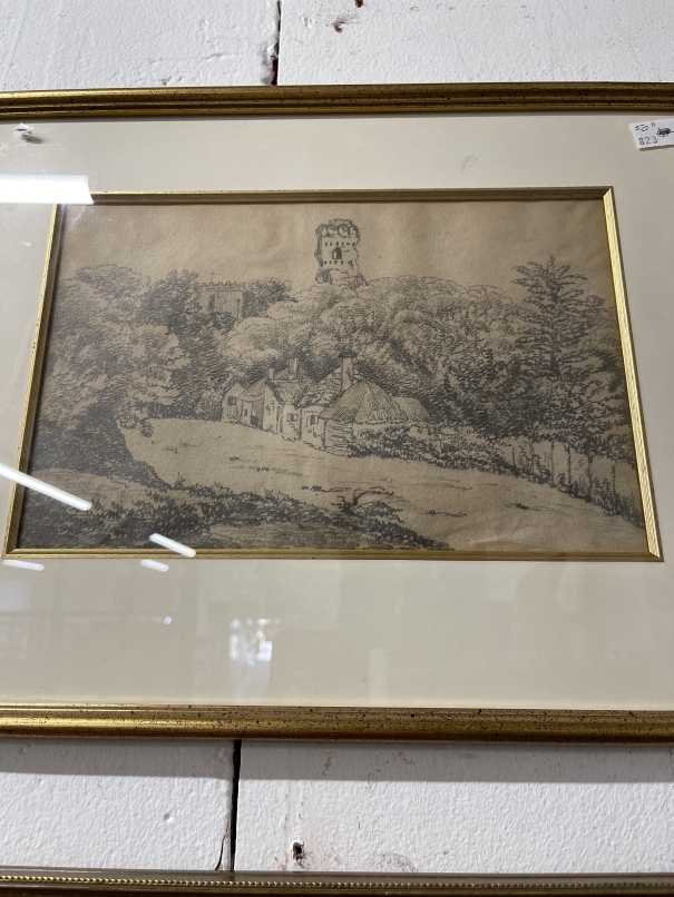 19th cent. Pencil study cottages and ruined tower unsigned, framed and glazed. 15ins. x 12ins.