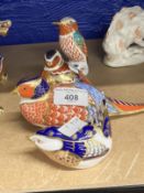 Royal Crown Derby paperweights, wren, pheasant, partridge, kingfisher, all with stoppers, unboxed.