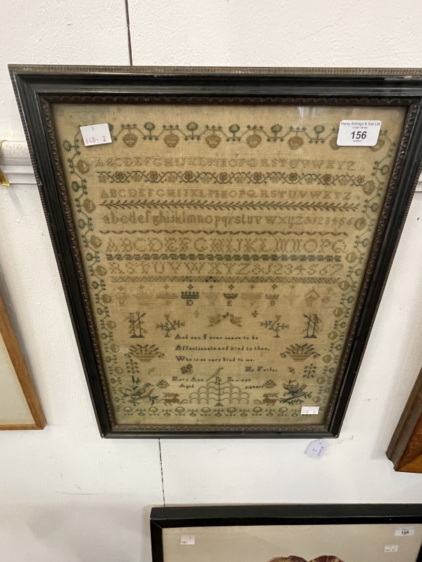 19th cent. Silk sampler, Mary Ann Newman aged 9 years, framed and glazed. 17ins. x 13ins.
