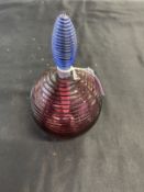 Studio Glass: Bob Crooks b1965. Ribbed glass spiral scent bottle amethyst, circular base, blue