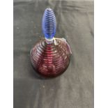 Studio Glass: Bob Crooks b1965. Ribbed glass spiral scent bottle amethyst, circular base, blue