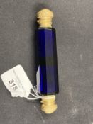 19th cent. Blue glass scent bottle with gilt hinged cover. Dia. 1?ins. Length 5½ins.