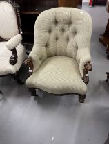 Victorian mahogany armchair scroll carved arm supports on cabriole legs upholstered in button back