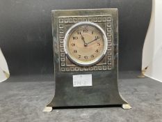 Clocks: Liberty Art Nouveau desk clock Tudric pewter, silvered Arabic dial surrounded by a squared