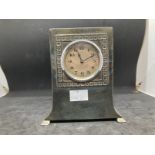 Clocks: Liberty Art Nouveau desk clock Tudric pewter, silvered Arabic dial surrounded by a squared