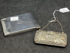Hallmarked Silver: Ladies dress purse embossed decoration, chain and green silk lining,