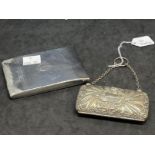 Hallmarked Silver: Ladies dress purse embossed decoration, chain and green silk lining,