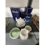20th cent. Ceramics: Wedgwood blue Jasperware candle holder and oval trinket box, Royal Doulton