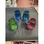 Studio Glass: Bob Crooks b1965. Spiral ribbed glass 'Venetian' glass tumblers, amethyst, green,