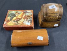 Collectables: Early 20th cent. Oak music box in the shape of a barrel on a stand with hinged lid,