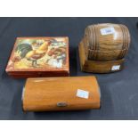 Collectables: Early 20th cent. Oak music box in the shape of a barrel on a stand with hinged lid,