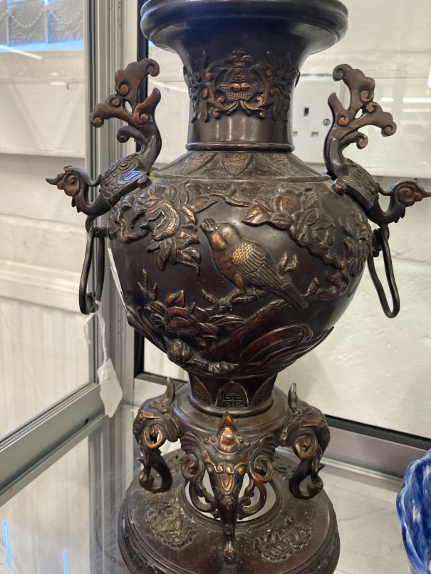 19th/20th cent. Japanese bronzed vase embossed decorated with floral and bird reliefs. Phoenix - Image 3 of 4