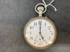 Watches: Goliath Steel pocket watch signed Rowell of London, slight chip to the enamel face. Dia.
