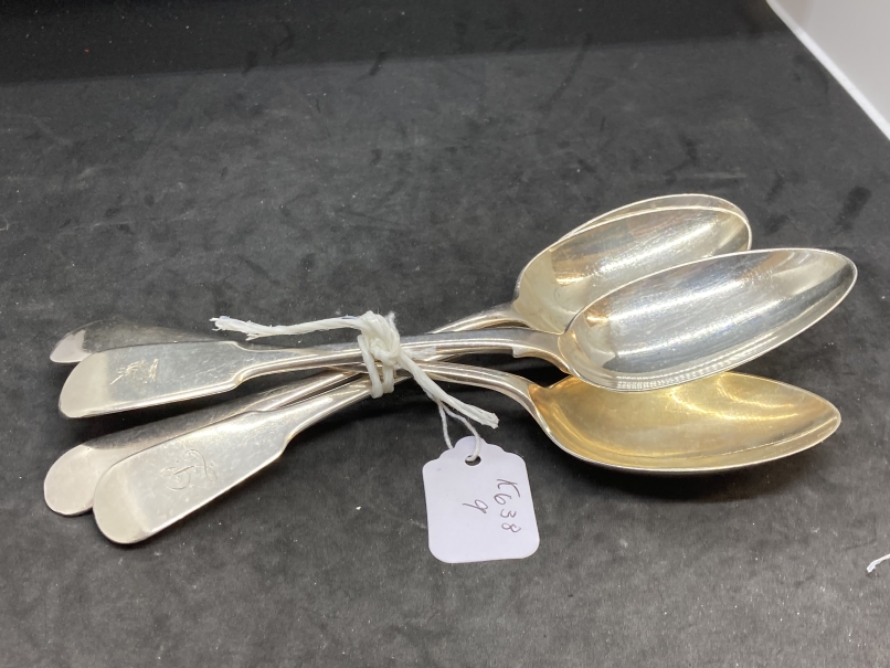 Hallmarked Silver: Four serving spoons, one hallmarked Exeter 1825, one Georgian hallmarked London