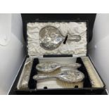 Hallmarked Silver: 1920s boxed five piece dressing table set, Birmingham 1928/29, H. Matthews.