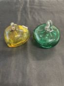 Studio Glass: Signed J.F.K. 2000 squat form perfume bottle amber and green with clear stoppers.