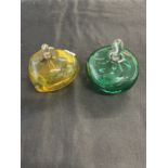 Studio Glass: Signed J.F.K. 2000 squat form perfume bottle amber and green with clear stoppers.