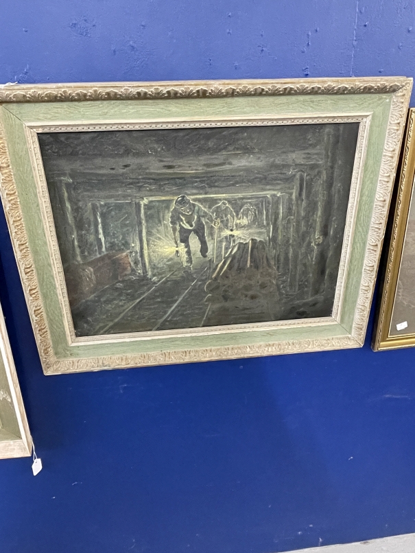 Miles Meehan F.R.S.A: British 20th cent. Oil on canvas 'Leaving the Coal Face', signed and dated