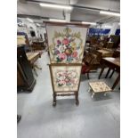 Victorian mahogany adjustable double sided fire screen with four panels of embroidered flowers ad