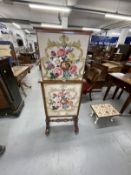 Victorian mahogany adjustable double sided fire screen with four panels of embroidered flowers ad