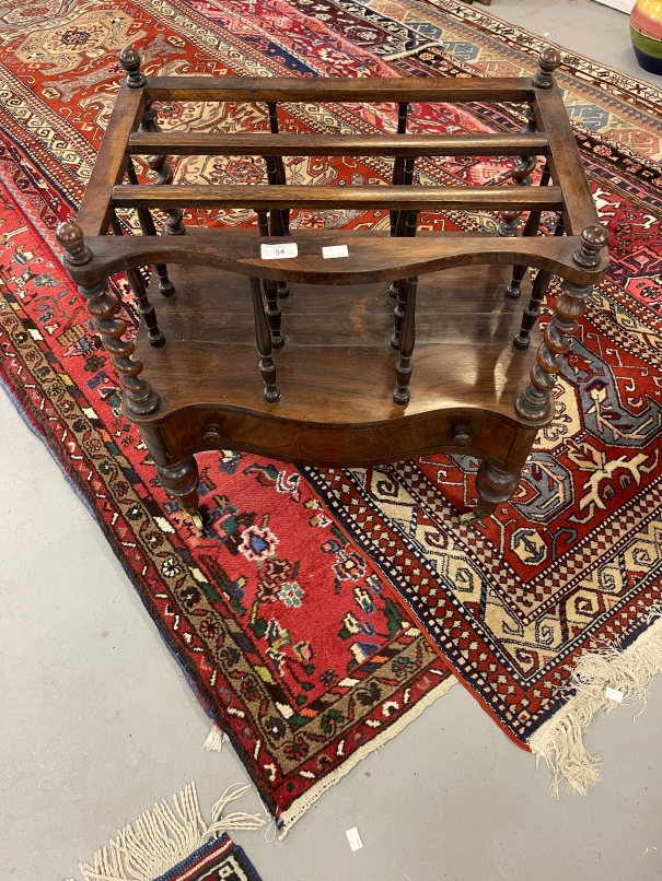 19th cent. Rosewood Canterbury spiral turned uprights above a serpentine fronted drawer on turned