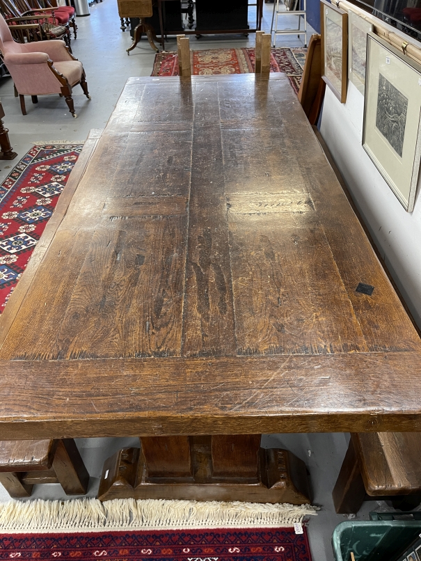 20th cent. Large oak table with extending flaps, the 2¾ins thick top on T base ends joined by a - Image 3 of 4