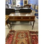 19th cent. Mahogany converted long piano, three crossbanded drawers on square tapered legs joined by