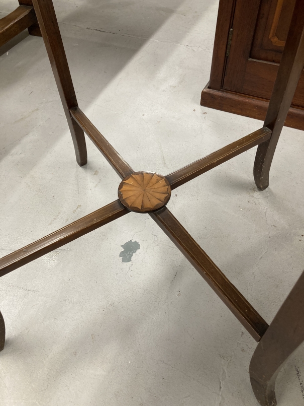 Edwardian octagonal inlaid table the top with inlaid central panel on square legs, tied stretcher - Image 2 of 2