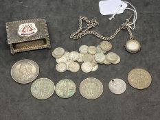 Hallmarked Silver: Match box, Albert chain and various silver coins.