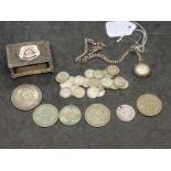 Hallmarked Silver: Match box, Albert chain and various silver coins.