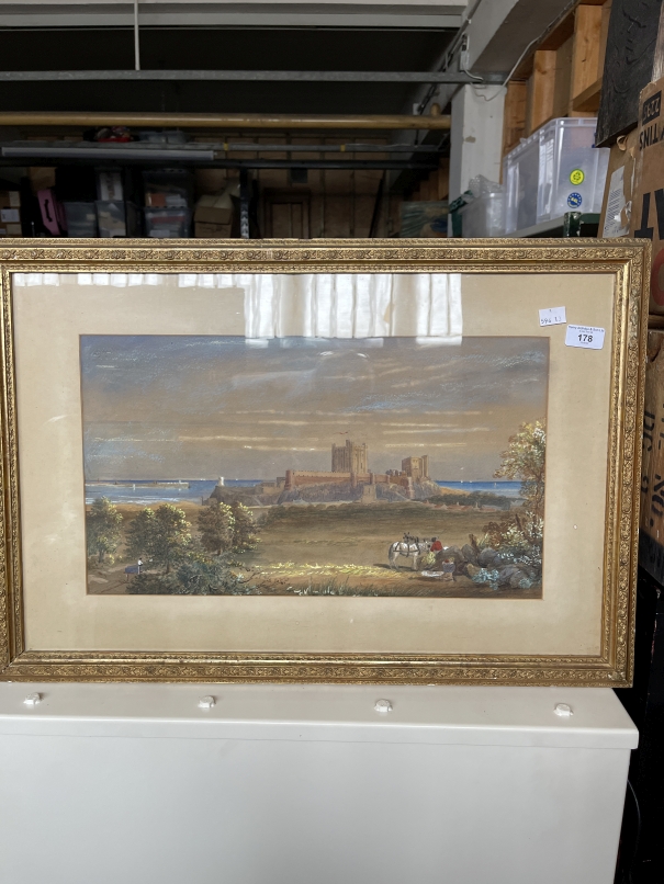 19th cent. Continental School: Watercolour, coastal study with a castle in the foreground.