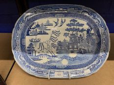 19th cent. Ceramics: Baker, Bevin & Irwin of Glamorgan meat platter in willow pattern. 17ins.