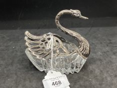 Hallmarked Silver: Bon bon dish in the form of a swan, head and wings silver, body cut glass.