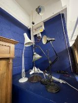 Lighting: Selection of five angle poise lamps including reproduction Edwardian lamp with decorated