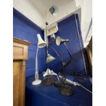 Lighting: Selection of five angle poise lamps including reproduction Edwardian lamp with decorated