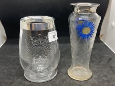 Hallmarked Silver & Glass: Two glass vases, one decorated with the Arms of Henry VIII and the date