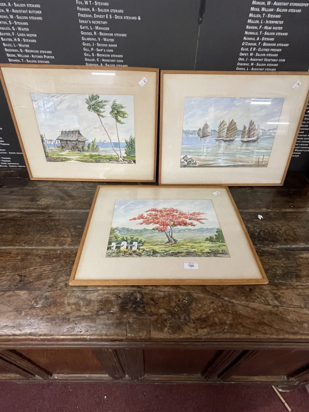 Simon Yew (1898-1983): Watercolours, scenes of Borneo. Junks at Sail, House on Beach, Tree in