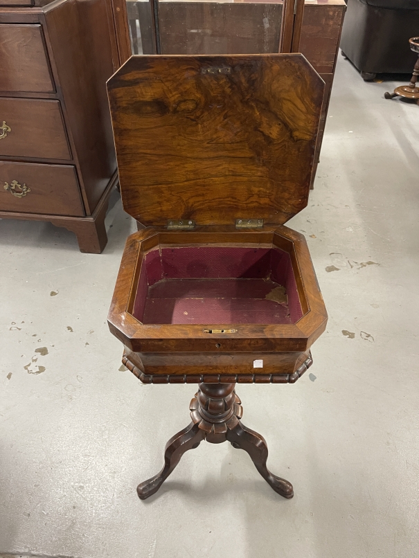 Victorian walnut work table the hinged top with canted corners on a turned column and tripod base. - Image 2 of 2